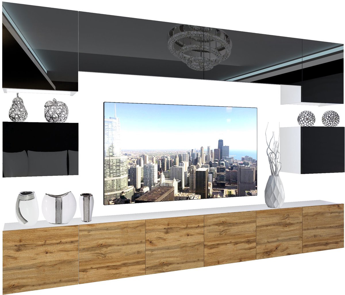BELINI Wandmeubel NEX 3 - TV-Wandkast Set met LED-Verlichting Zwart / Wotan Eiken - Hoogglans Fronten