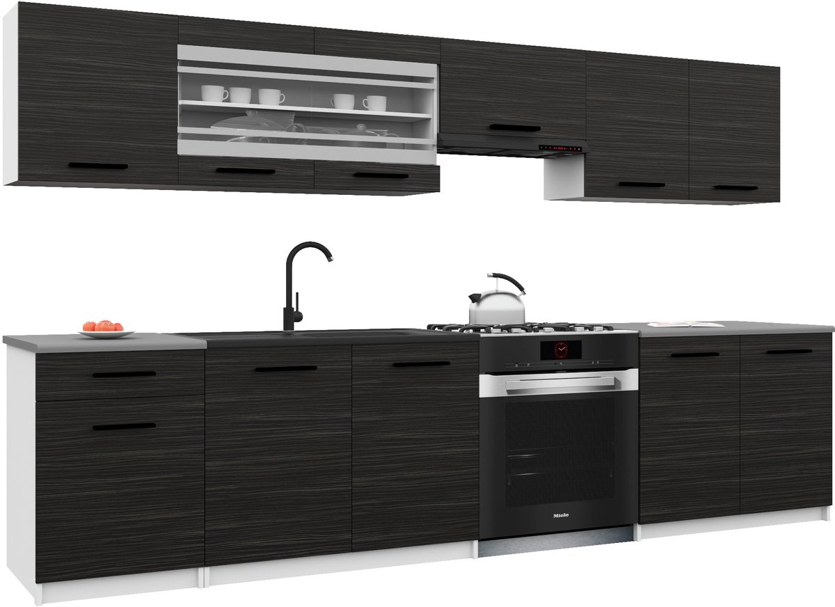BELINI Keukenblok ITALIA 4 - Keukenmeubel Set 260 cm Ebbenhout met Werkbladen - Boven- en Onderkasten