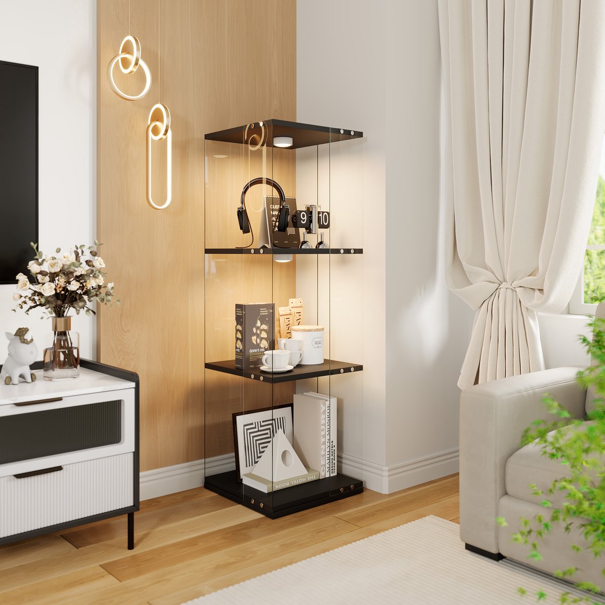 Vitrinekast zwart 121cm met LED verlichting, draaibaar design en 3 lagen display