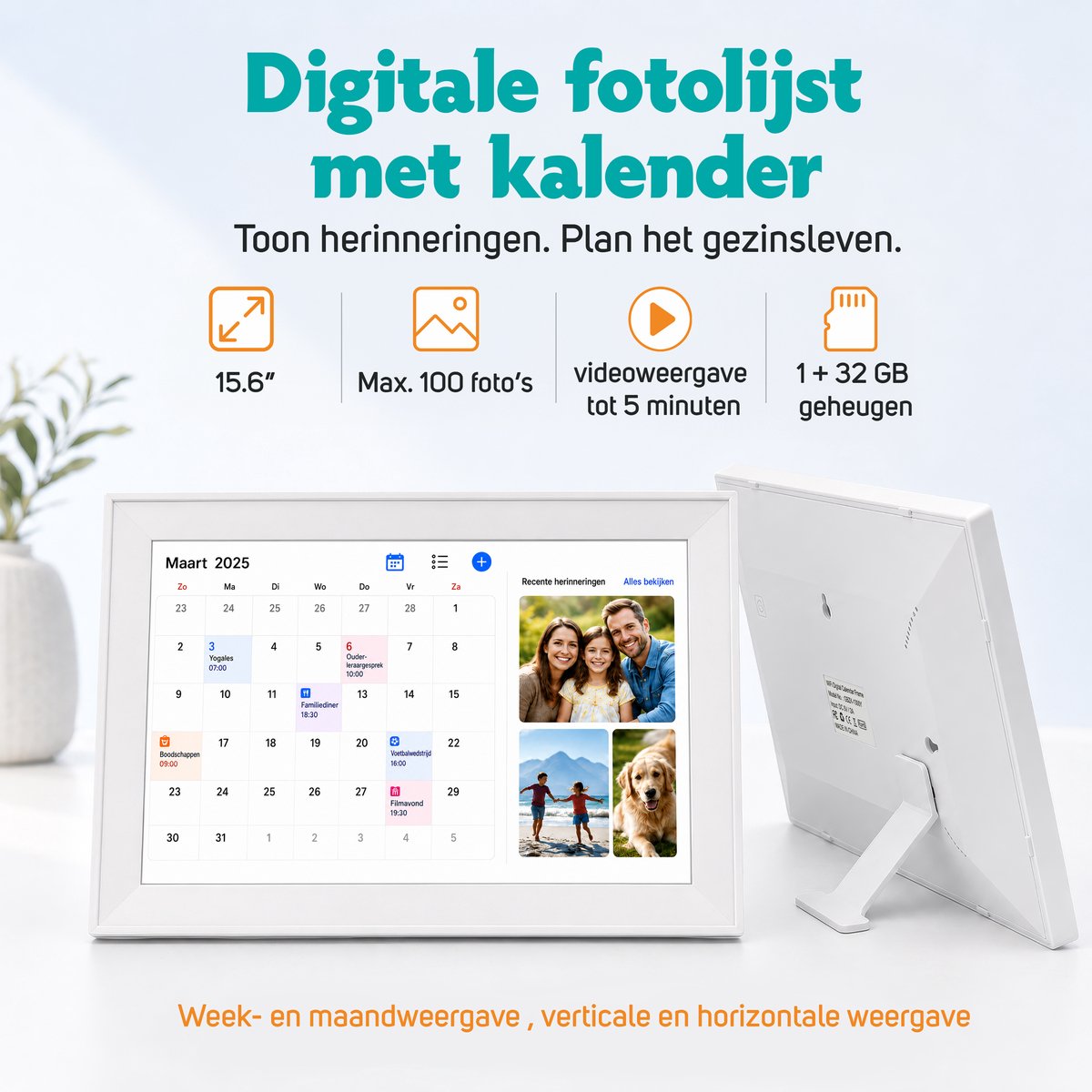 Digitale Kalender & Fotolijst met Touchscreen – 15,6 Inch – 1080P Full HD – 32GB – Zonder Abonnement – Gezinsplanner met Takenlijst, Maaltijdplanner & FotoCube App – Wand- en Bureaumontage thumbnail 3