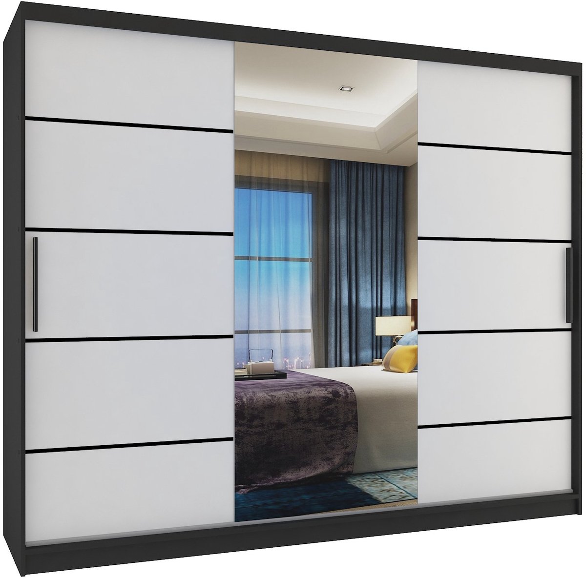 BELINI Verona MBP Schuifdeurkast 232 cm Zwart/Wit Mat - Kledingkast met Spiegel - Comfort Line Slaapkamerkast