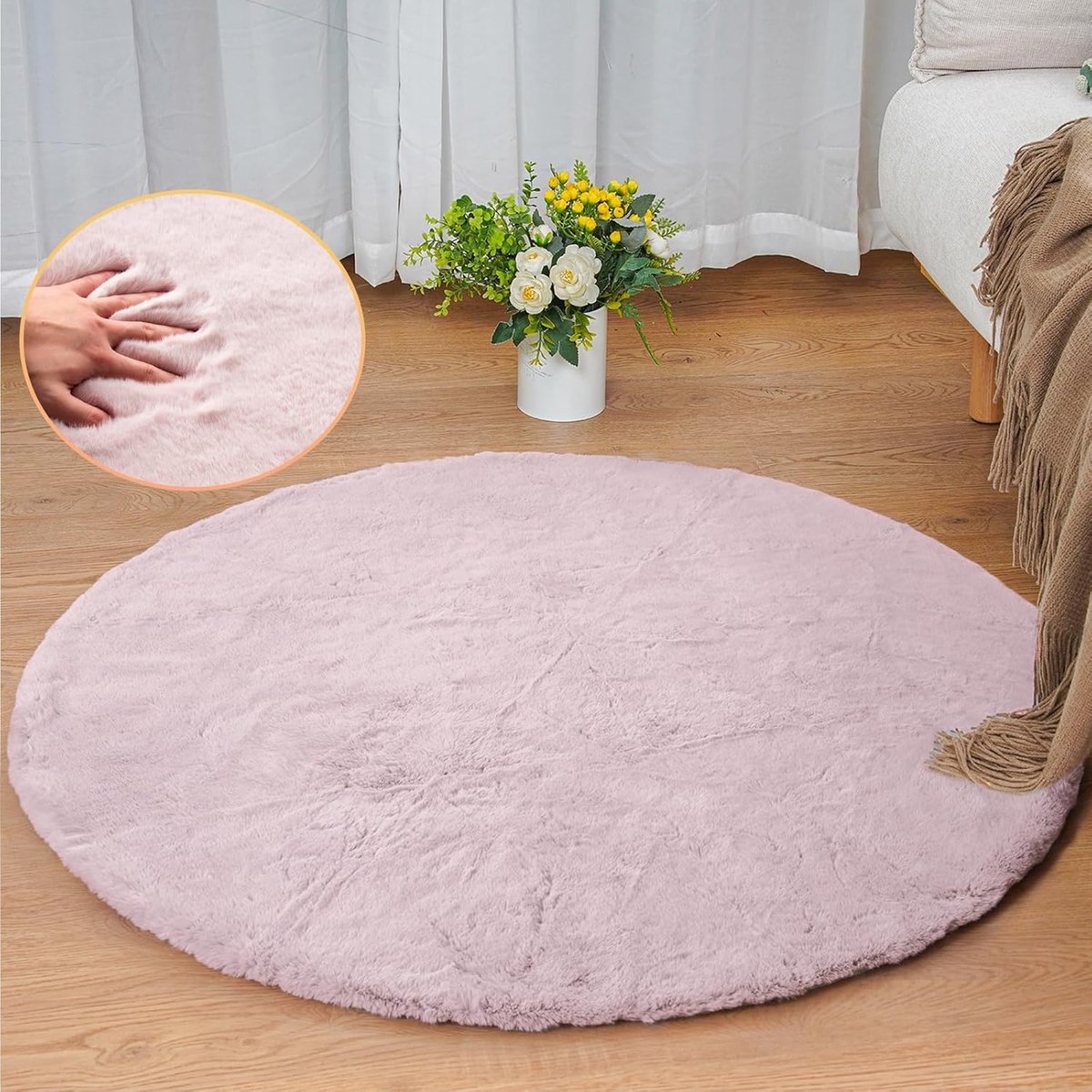 SnelShoppen - Rond Wasbaar Bont Tapijt Roze 90 cm - Pluizig Kunstbont Tapijt voor Slaapkamer, Kinderkamer en Woonkamer - Zachte Decoratie