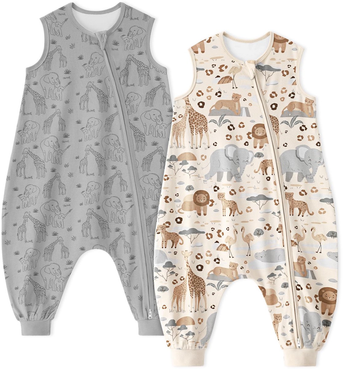 SnelShoppen - Babyslaapzak met voetjes 1,0 TOG-waarde, set van 2 katoenen slaapzakken met pijpen, 90 cm, voor jongens en meisjes, abrikoos en grijze o