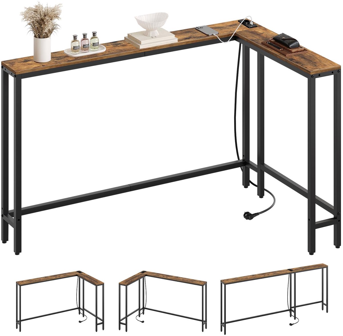 SnelShoppen - Consoletafel smal 180 cm L-vormige ingangstafel met 3 combinatiemodi, 1 stopcontact en 2 USB-poorten, vintage bruin, 15 cm brede gangtaf