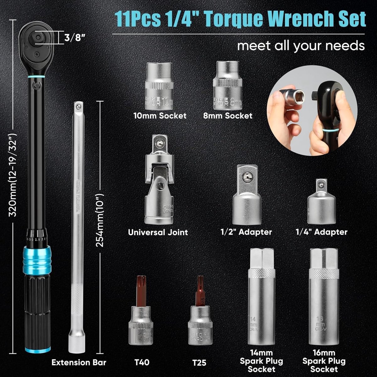 SnelShoppen - 11-delige momentsleutelset 3/8" met 1/2" en 1/4" adapters (5-60 Nm), 72 tanden, verstelbaar in twee richtingen, ideaal voor auto-, fiets