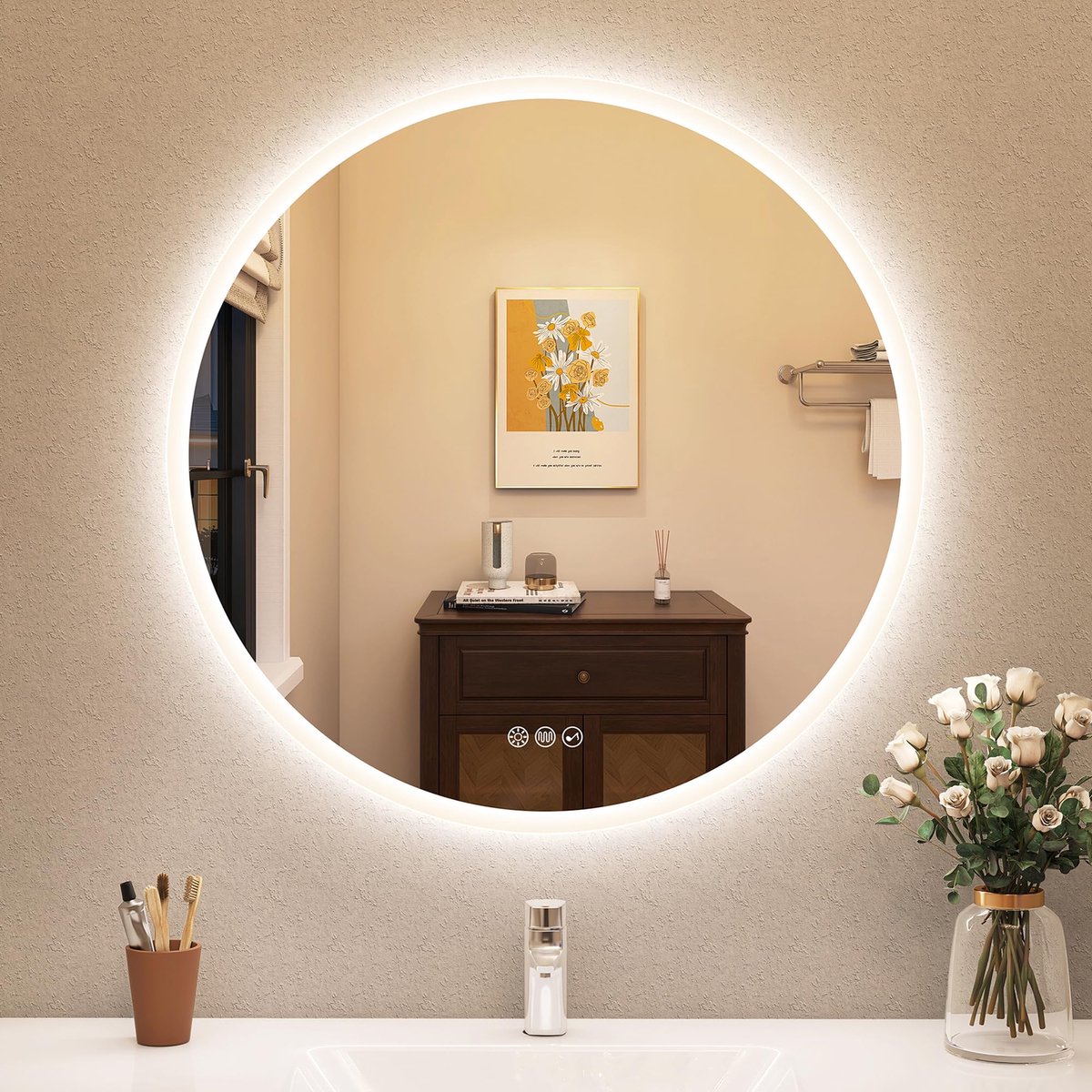 SnelShoppen - Ronde Badkamerspiegel Met Verlichting 80 cm, Dimbaar, Bluetooth, 3 Kleurtemperaturen, Ontfoggen, Geheugenfunctie, HD Gehard Glas, IP44