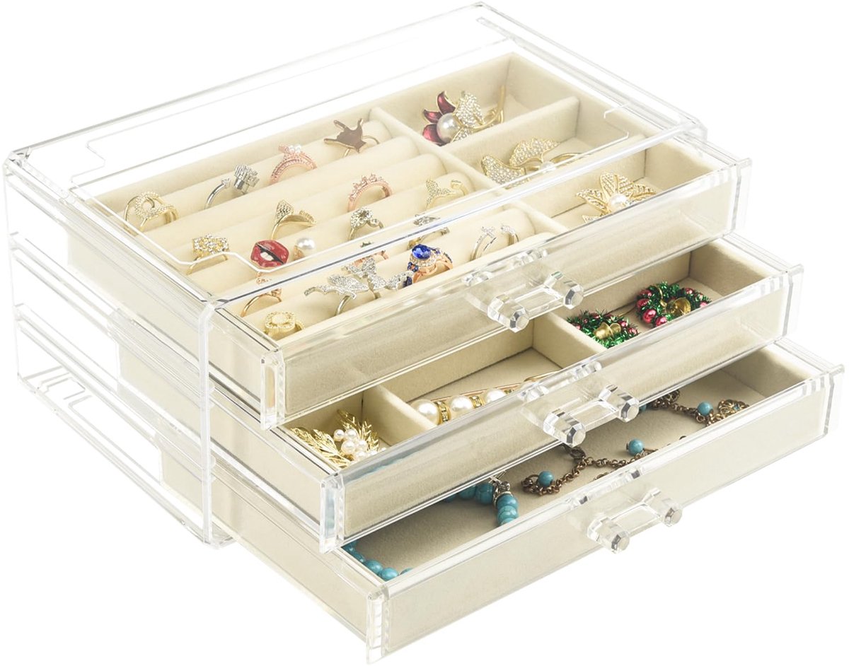 SnelShoppen - Acryl Sieradendoos met 3 Laden - Fluwelen Sieradenorganizer voor Oorbellen, Kettingen, Armbanden - Beige - Perfect Cadeau voor Vrouwen e