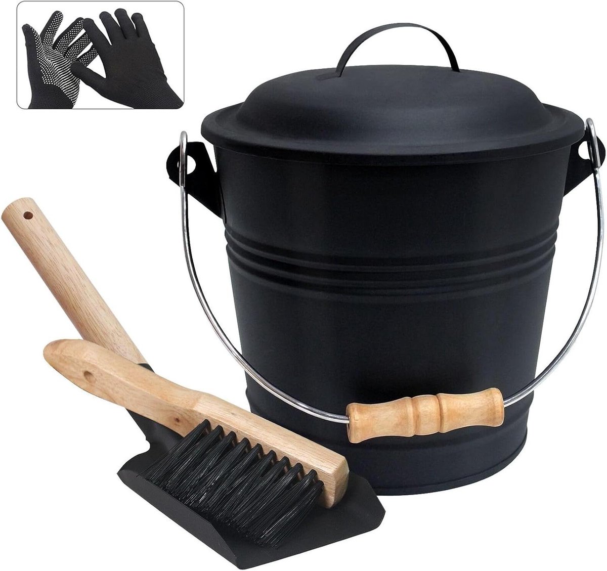 Asemmer met Deksel - Kolenzak - Open Haard Onderhoud - Inclusief Schep Bezem - 5 Liter - Zwart
