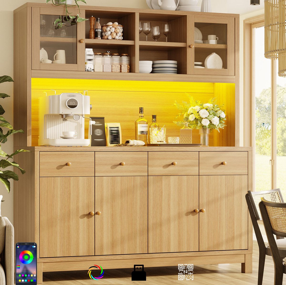 COVREO Keukenkast 140x38,5x180 cm houtlook, MDF met 4 lades en LED