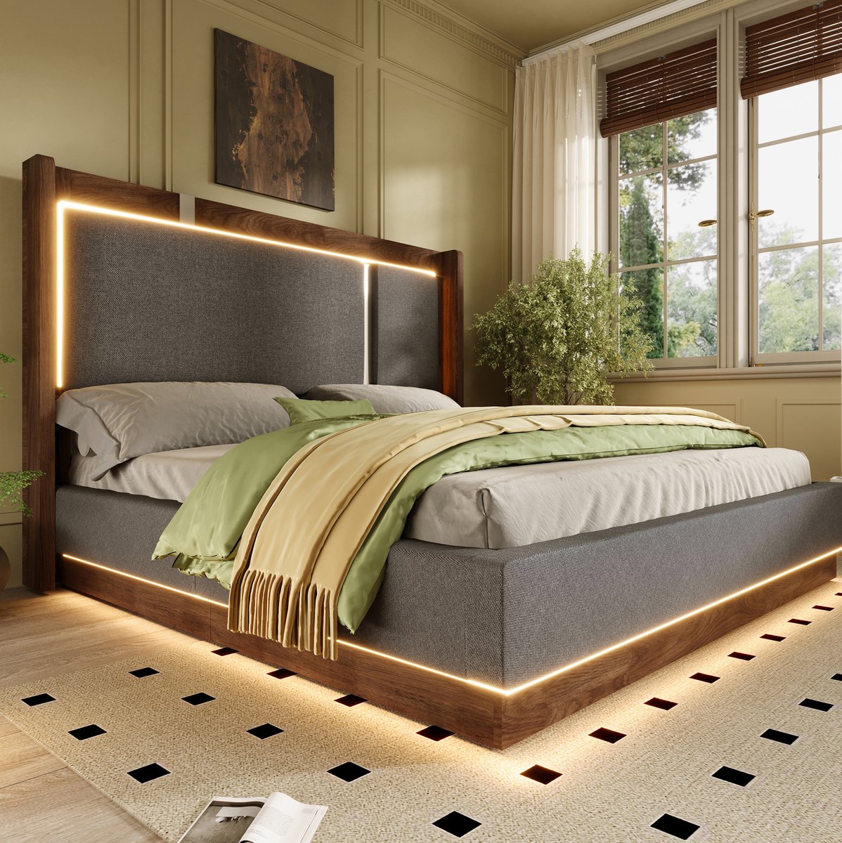 DESMIU Gestoffeerd Bed 140x200 cm – Tweepersoonsbed Met LED & Opbergruimte – Hydraulisch – Voor Volwassenen – Linnen Grijs/Walnoot – Zonder Matras