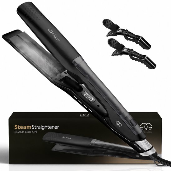 Zwarte stoomstijltang met digitaal display (230°C) en twee zwarte haarclips.