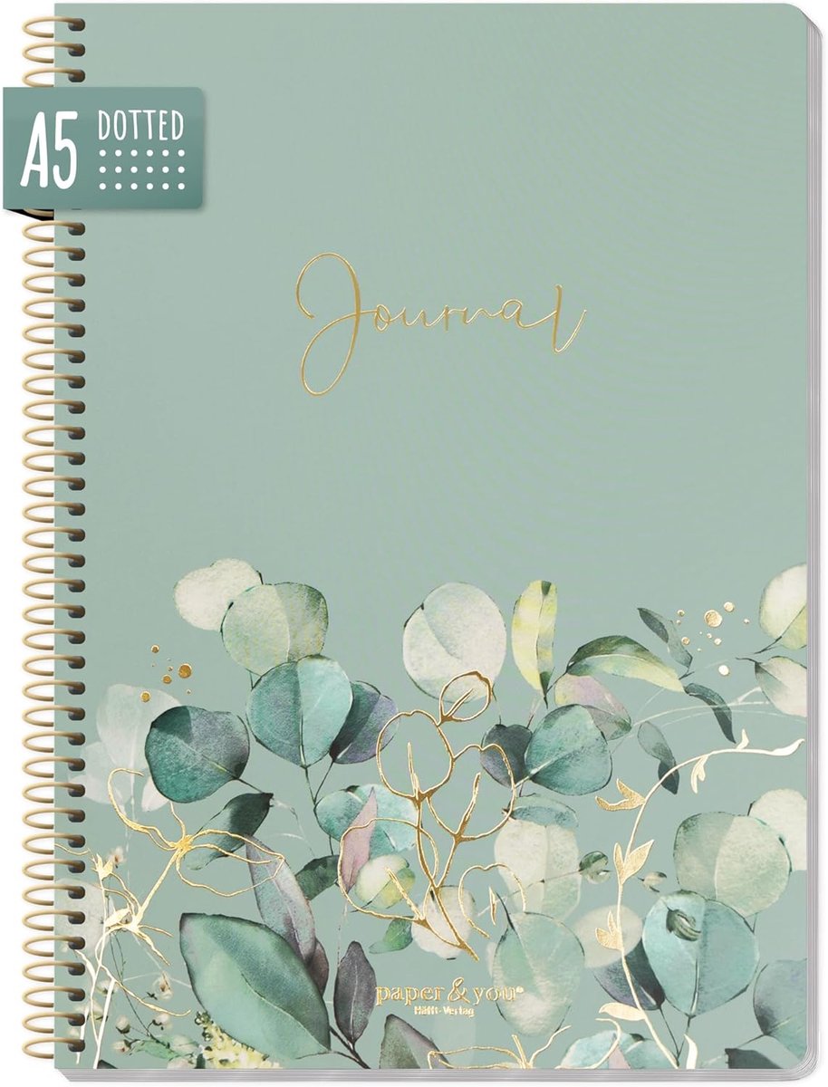 SnelShoppen - Paper&you Dotted Journal A5 Notitieboek Spiraal 'Minty Leaves' | 160 Genummerde Pagina's Gestippeld Raster | 100 g/m² Papier | Perfect v