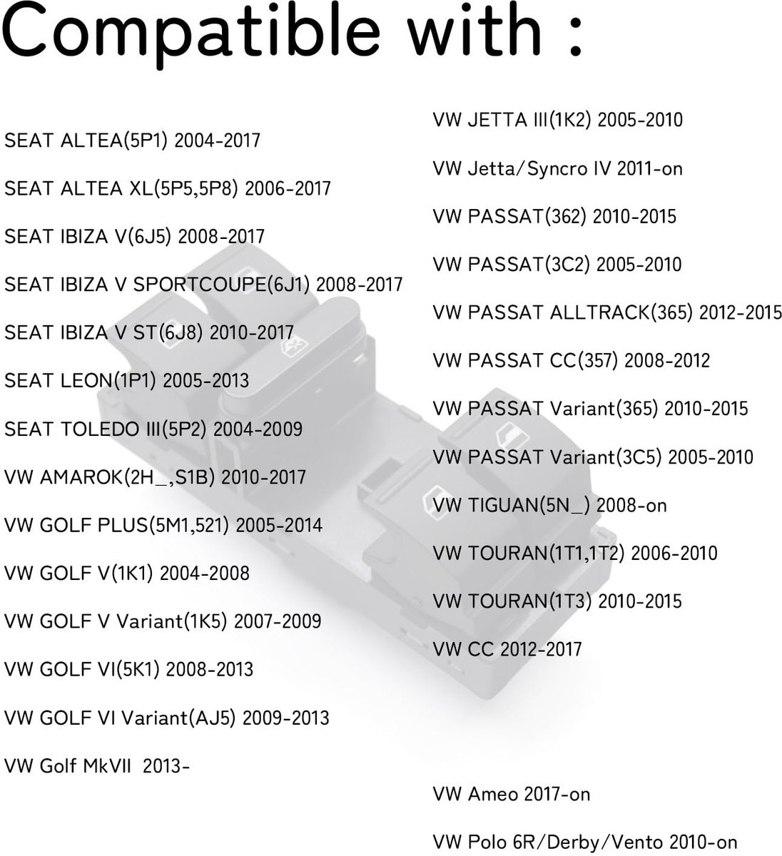 SnelShoppen - DKAEUK Raamschakelaar Knop Regelaar voor SEAT Altea Ibiza Leon Toledo, VW Amarok CC Golf MK5 MK6 Jetta Passat Tiguan - Hoogwaardige Kwal