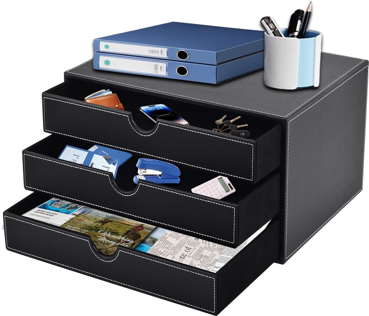 SnelShoppen - Home Office Bureau Lade Box met 3 Gesloten A4 Compartimenten, PU Lederen Lade Box, Sieraden Organizer, Cosmetica Organizer, U-Vormige Op