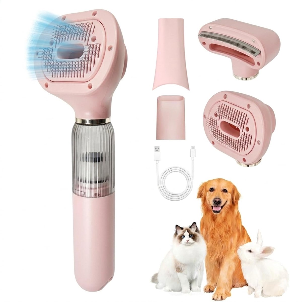 KZQ 4-in-1 vacuüm verzorgingsborstel voor honden - Verwijdert losse haren tijdens het borstelen - Draadloos en compact voor thuisgebruik - Houdt huis schoon en huisdier comfortabel - Roze