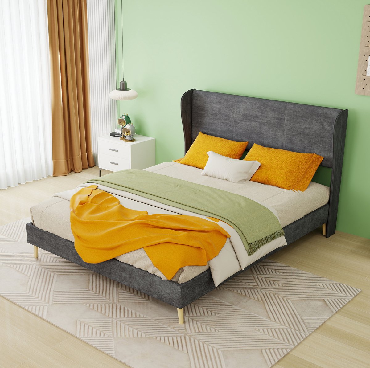 COVREO Bedframe 140x200 cm grijs stof met hoofdbord zonder matras Grey