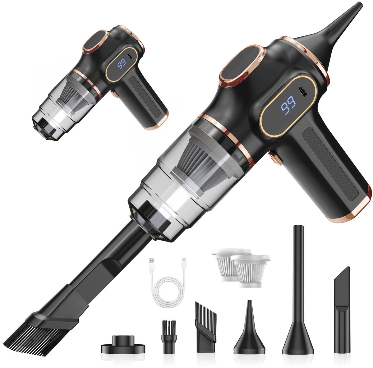 KZQ Handheld auto stofzuiger met LCD-scherm - Draadloze oplaadbare stofzuiger voor auto thuis kantoor en huisdierharen - 7-in-1 reinigingsset - Zwart