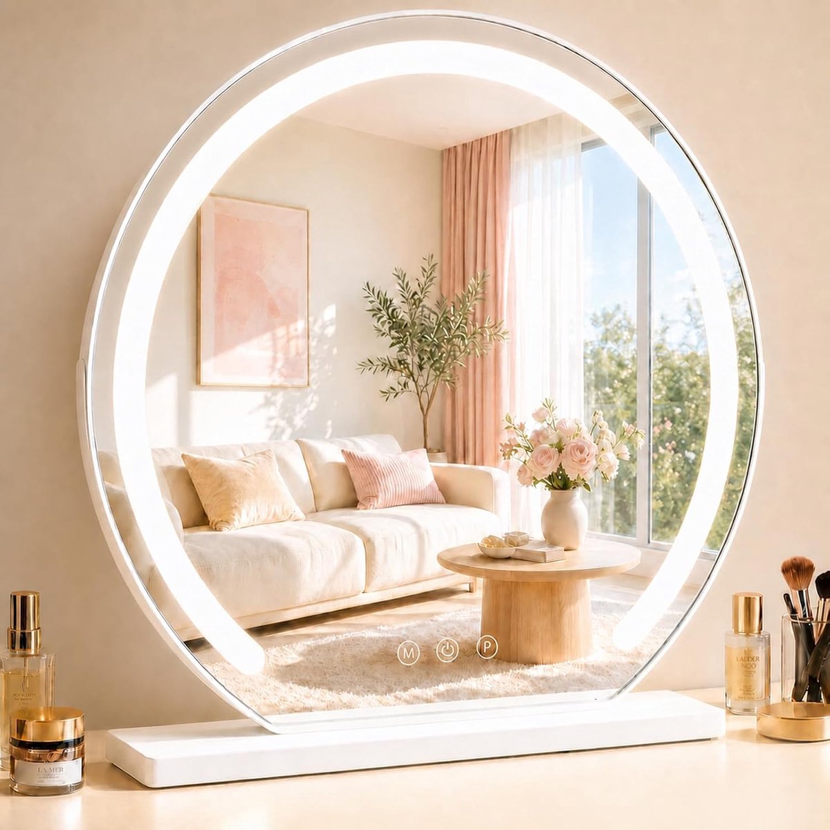 SnelShoppen - Ronde Make-upspiegel met Verlichting, Hollywood Spiegel 40 x 35 cm, LED Tafelspiegel met Licht, 3 Modi, Dimbaar, Kleine Make-up Spiegel