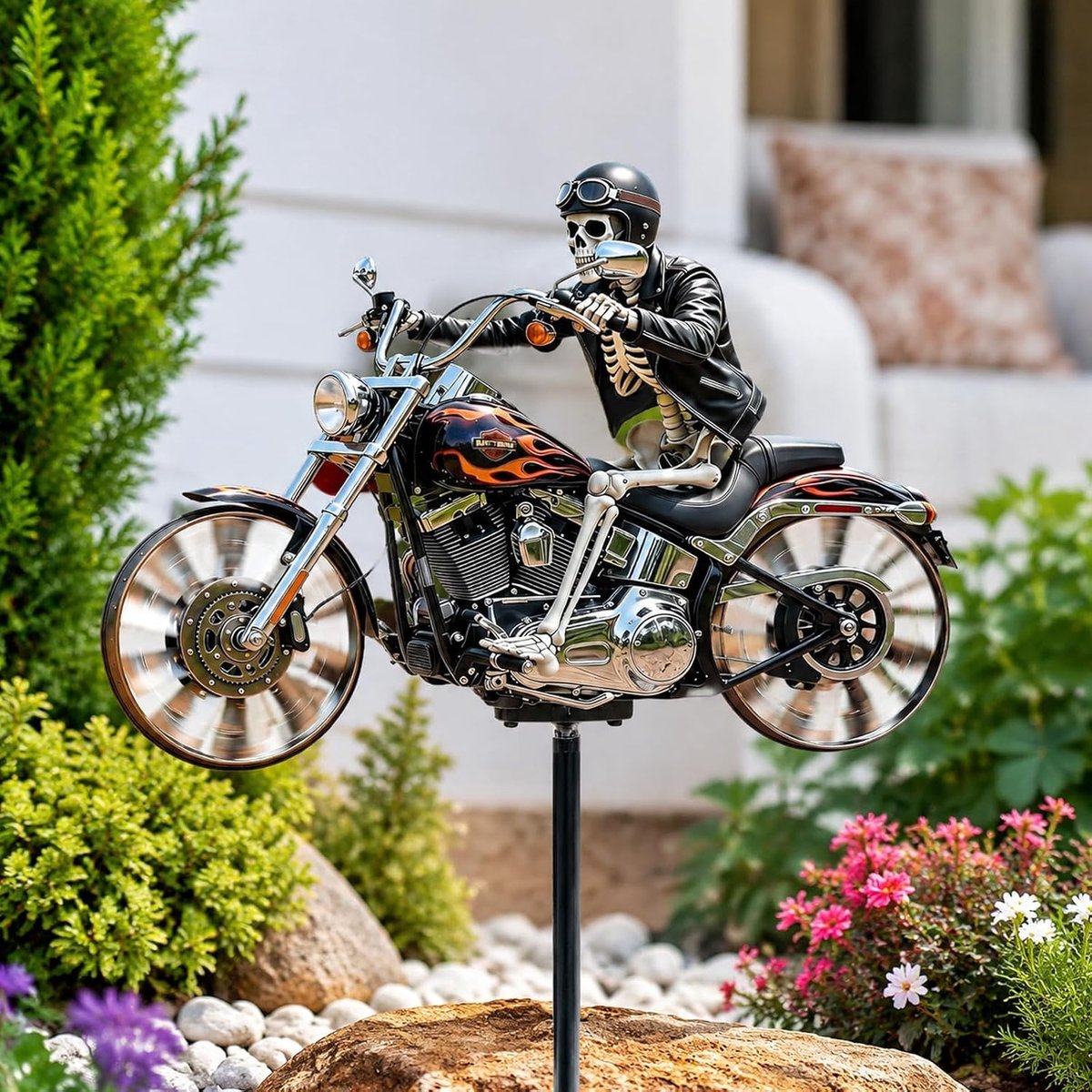 SnelShoppen - Motorradgetailleerde Windspel met Totenkop, Weerbestendig Tuindecoratie voor Terras en Hof, Leuke Buitenversiering voor Feesten en Tuin