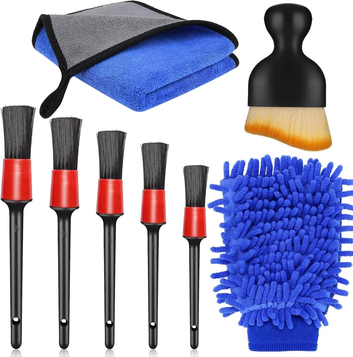 SnelShoppen - Auto Detailing Brush Set - 8-delige Car Interior Cleaner Kit met Zachte Schoonmaakborstels, Microvezeldoeken en Droogdoek voor Auto en H