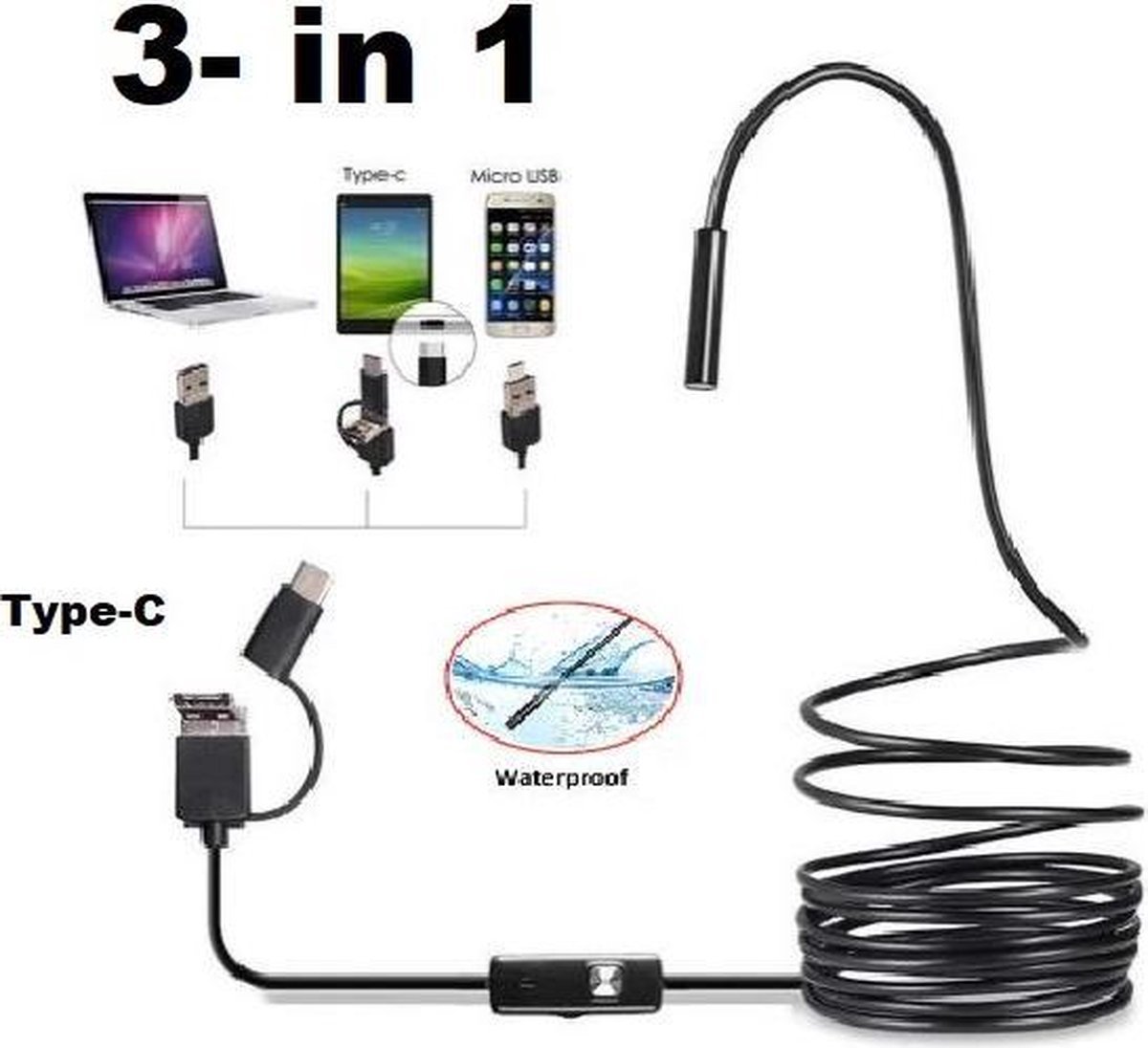 3-in-1 Endoscoop Camera met LED – USB Endoscoop Inspectiecamera – 1 Meter – 7 mm – IP67 Waterdicht – Geschikt voor USB-C, iOS & Android