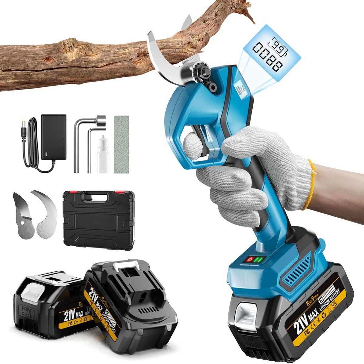 SnelShoppen - Professionele Accu-Takkenschaar 35 mm Snoeischaar met 2 Accu's van 4,0 Ah, 1000 W Borstelloze Motor, Bypass Boomschaar, Elektrische Tuin