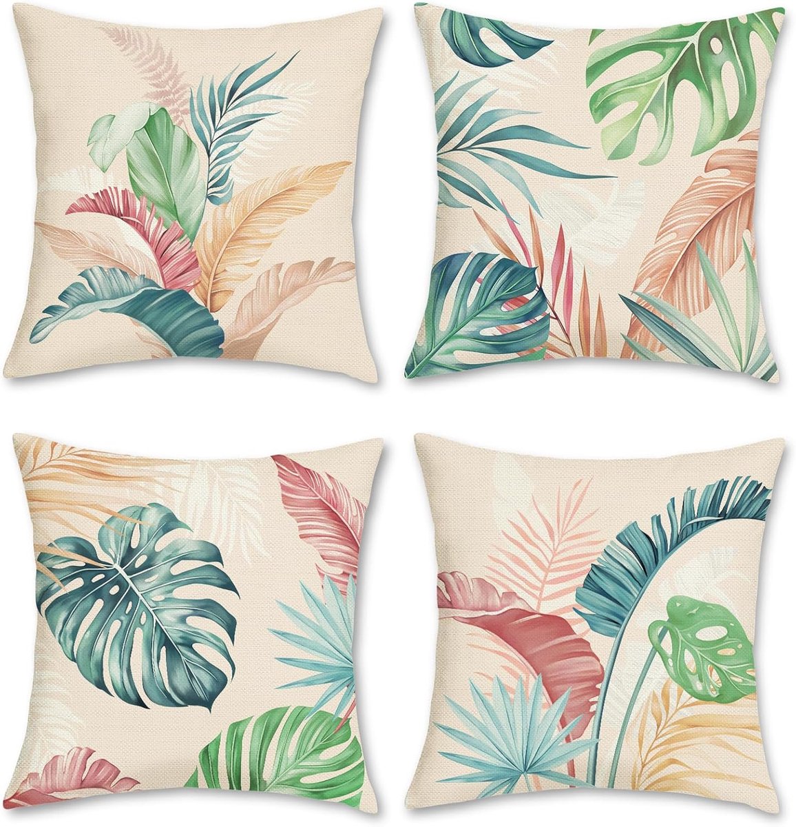 SnelShoppen - Set van 4 Kussenslopen met Tropische Bladeren 45 x 45 cm - Kleurrijke Planten Kussenhoezen van Polyester en Linnen - Decoratieve Sierkus