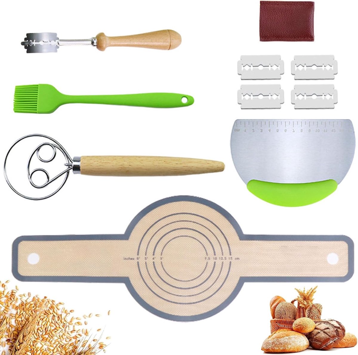SnelShoppen - Brot Backutensilien 5er Set met Silikon-Backmatte, Teigschaber, Teigrührer, Backpinsel, Raspers en Professioneel Brotback Accessoires vo