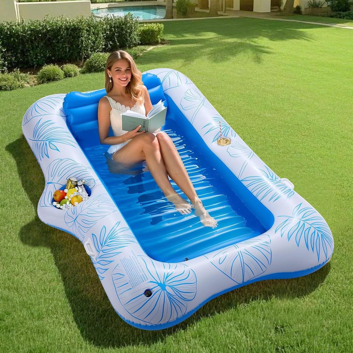 Opblaasbaar Zwembad - Luchtbed Ligbed - Relaxen op water - Met ijsbar bekerhouder - 210 x 128 cm - Blauw blad