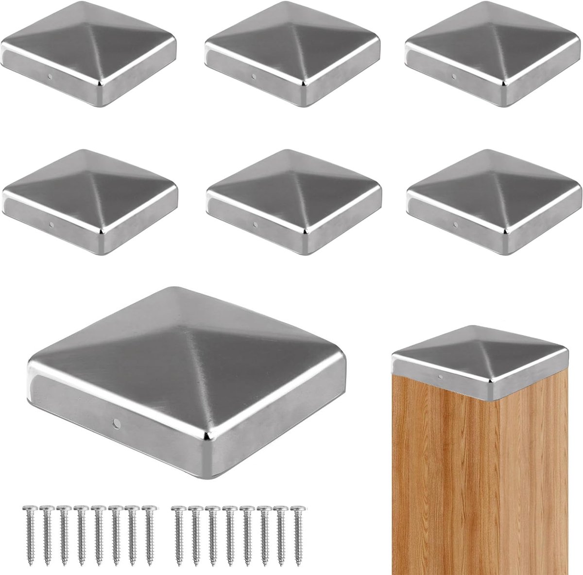 SnelShoppen - 8 stuks paalkappen, 9 x 9 cm metalen piramidevorm hekpalen afdekkappen voor houten palen met schroeven, tuinaccessoires, weerbestendig,