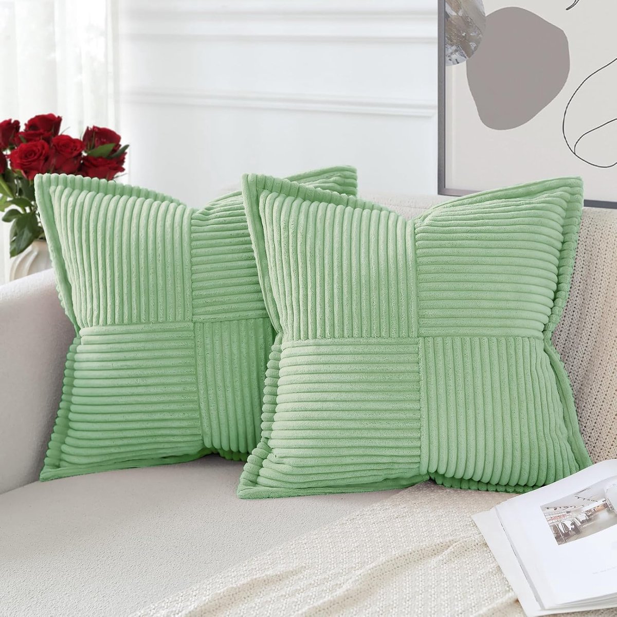 SnelShoppen - Set van 2 groene corduroy kussenhoezen, fluweel zacht, decoratieve kussenslopen 50x50 cm, moderne kussens voor woonkamer en slaapkamer