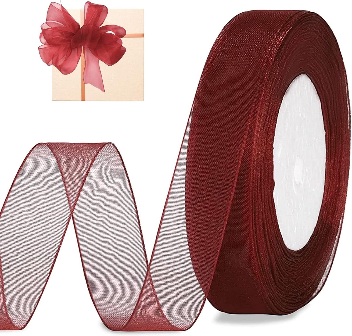 Translucente Organza Chiffon Cadeaulint in Wijnrood, 2cm x 45m voor Trouwen, Knutselen en Verjaardagsdecoratie