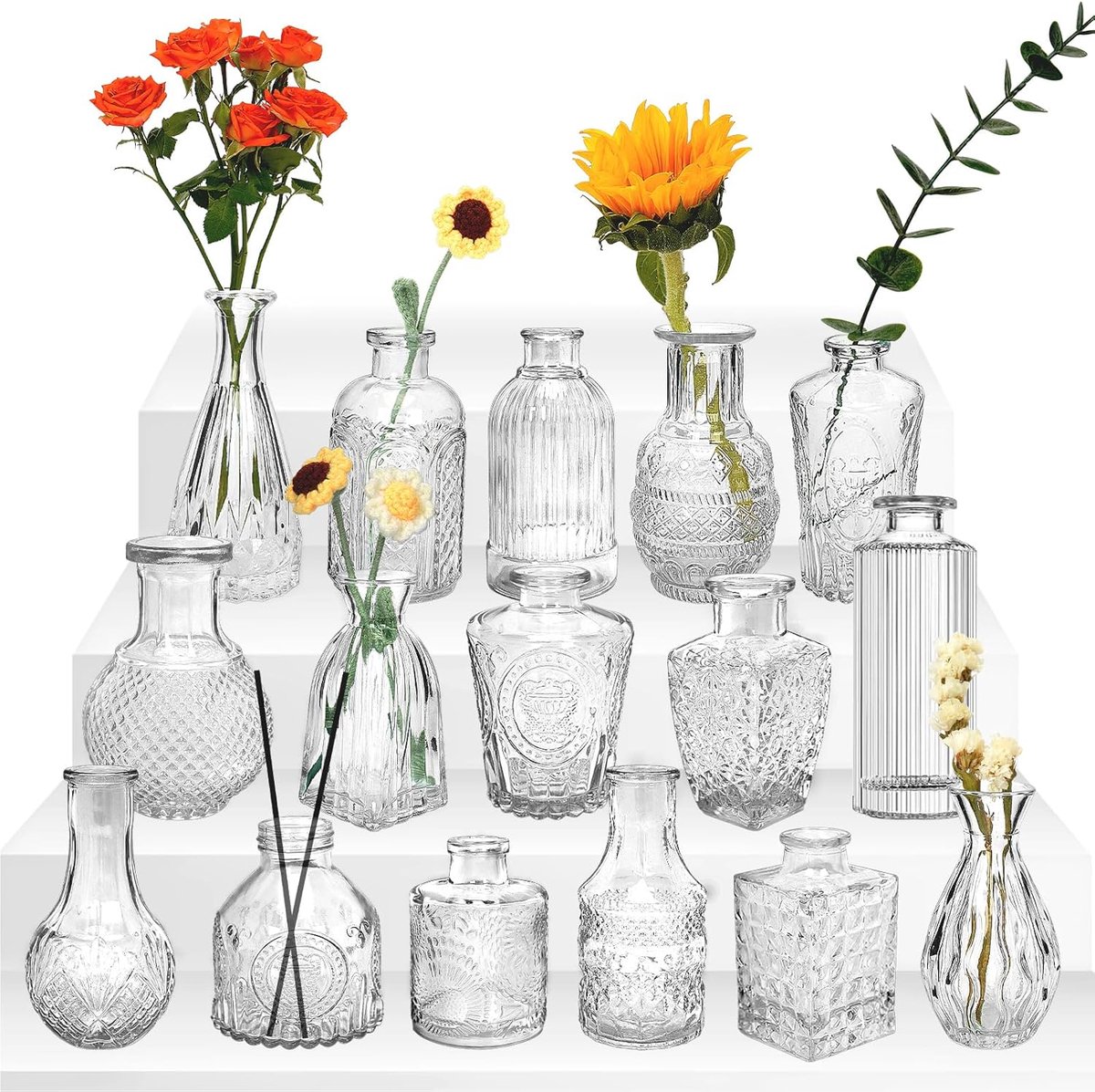SnelShoppen - 16 stuks kleine vazen voor tafeldecoratie, vintage glazen vazen set in 16 patronen voor bruiloftsdecoratie, woondecoratie, mini-bloemenv