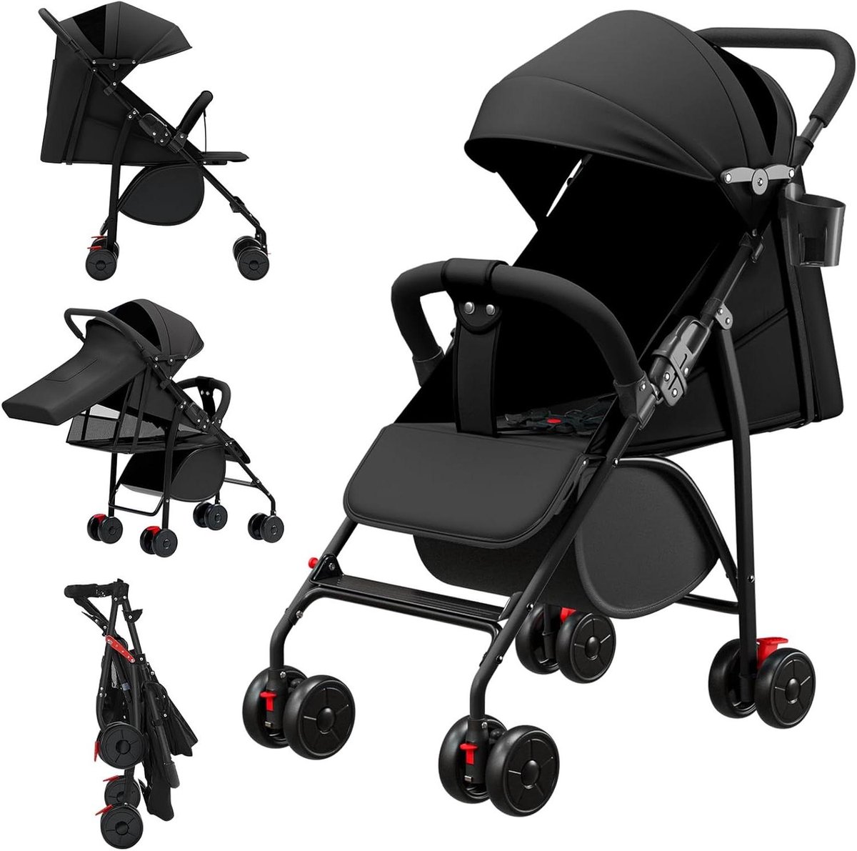 Compacte kinderwagen - Lichtgewicht buggy - Reizen met baby - Verstelbare rugleuning - Tot 25 kg - Zwart