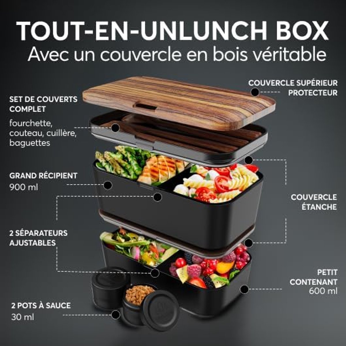 SnelShoppen - Umami Premium Lunchbox voor Volwassenen, Nestbaar, Lekvrije Bento Box met 4 Bestekken en Vakken, Broodtrommel voor Op Kantoor, Picknick