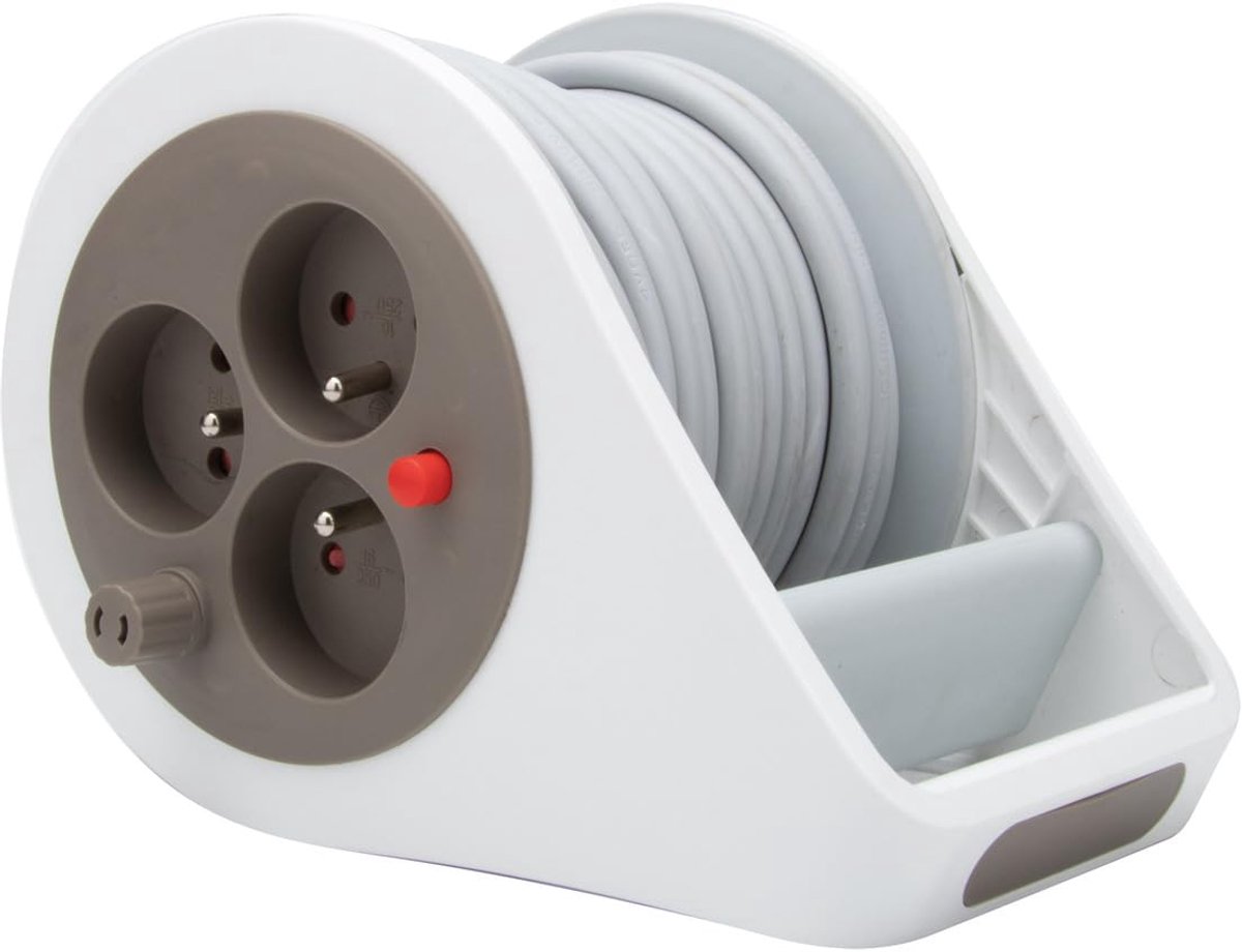 SnelShoppen - Mini-haspel met 3 stopcontacten, 2P+T, 7 meter, taupe, ideaal voor camping, tuin, feest en keuken