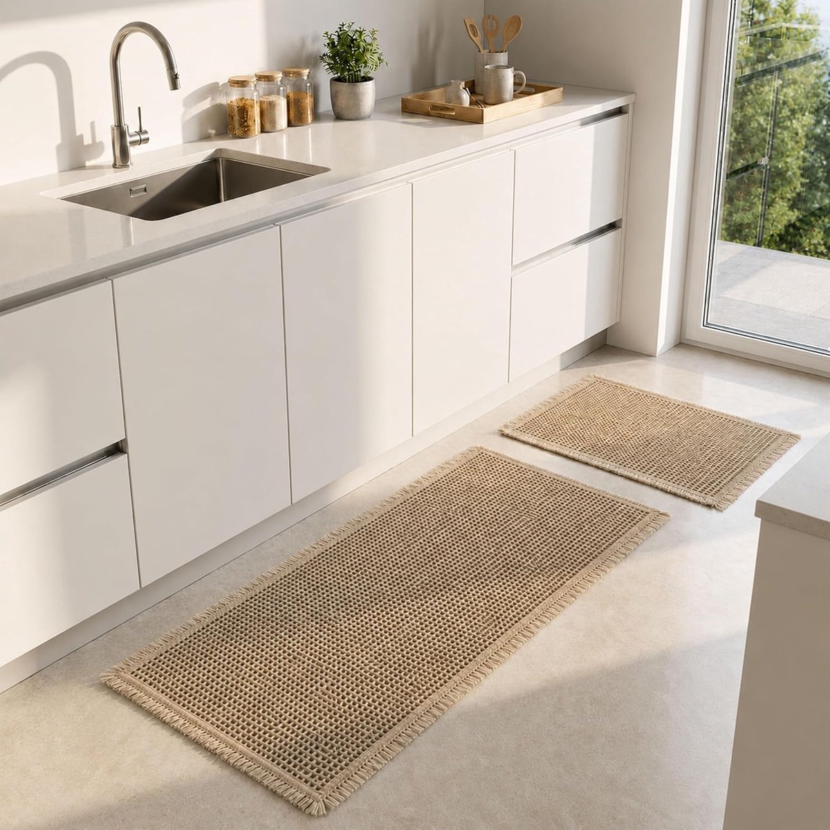 SnelShoppen - URMONA Badmattenset 2-delig, 50 x 121 cm + 43 x 61 cm, Boho badmatten, wasbaar, antislip, douchemat voor badkamer, bruin, voor douche en