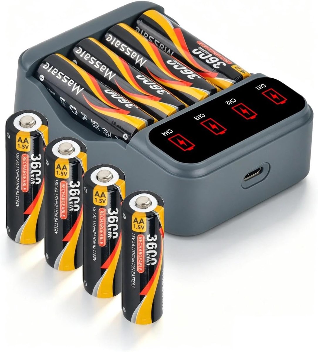 SnelShoppen - 8-Pack AA Oplaadbare Batterijen 3600mWh | 4-Slots Slimme Lader | USB 1.5V Li-Ion Accu's voor Gamecontrollers, Afstandsbediening & Huisho