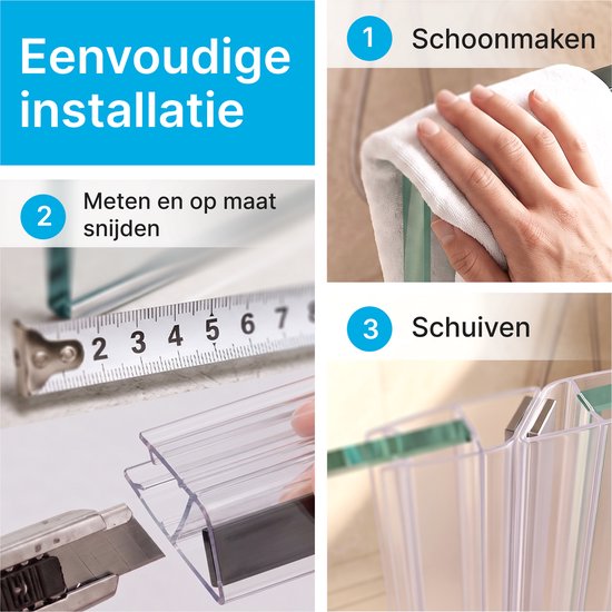 Illustratie van eenvoudige installatie: schoonmaken, meten en snijden, schuiven.