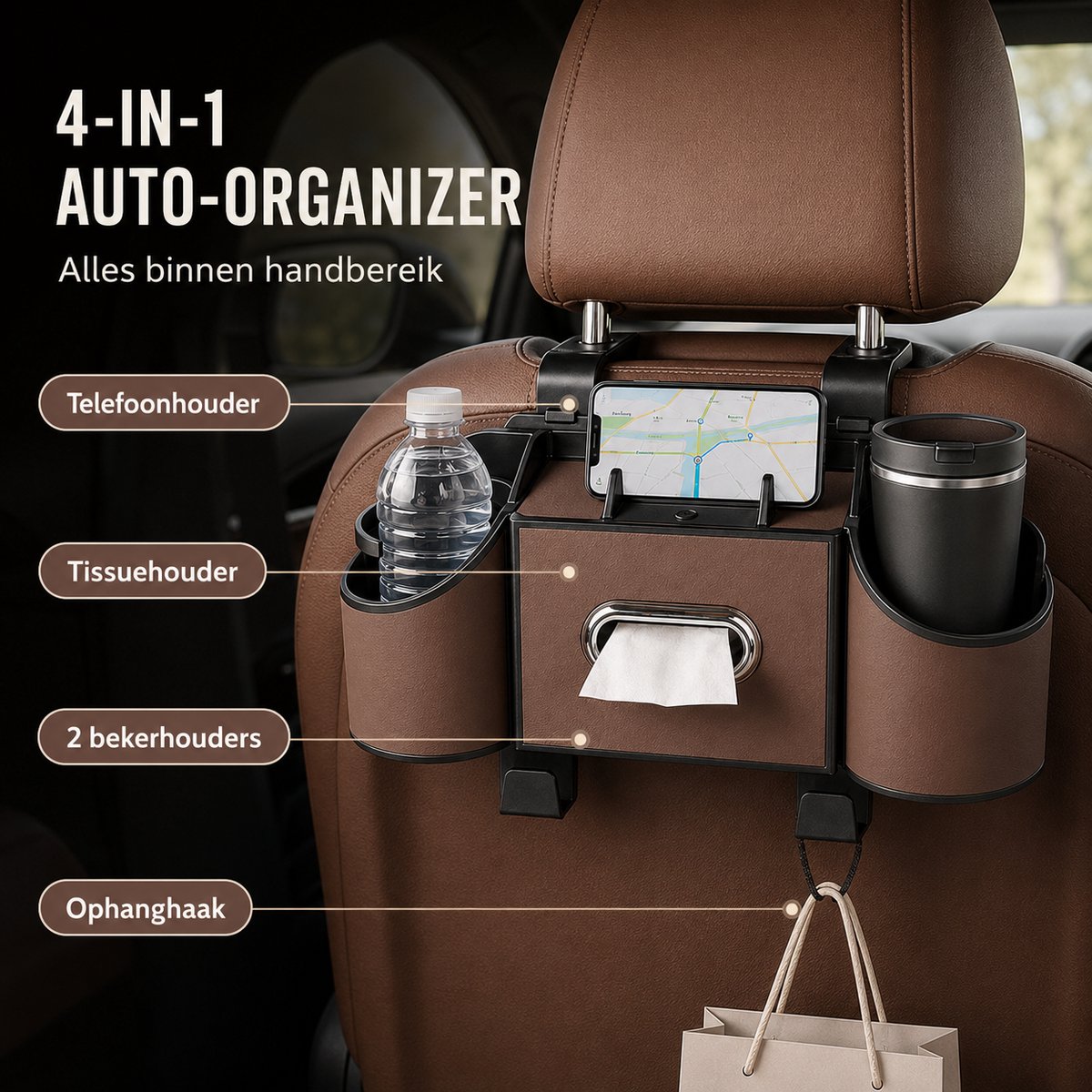 Zirkle Auto Organizer Achterbank – Luxe Autostoel Organizer met 2 Bekerhouders, Tissuehouder, Telefoonvak en Haken – Universele Hoofdsteun Opbergbox voor Auto, SUV en Bestelbus – Bruin