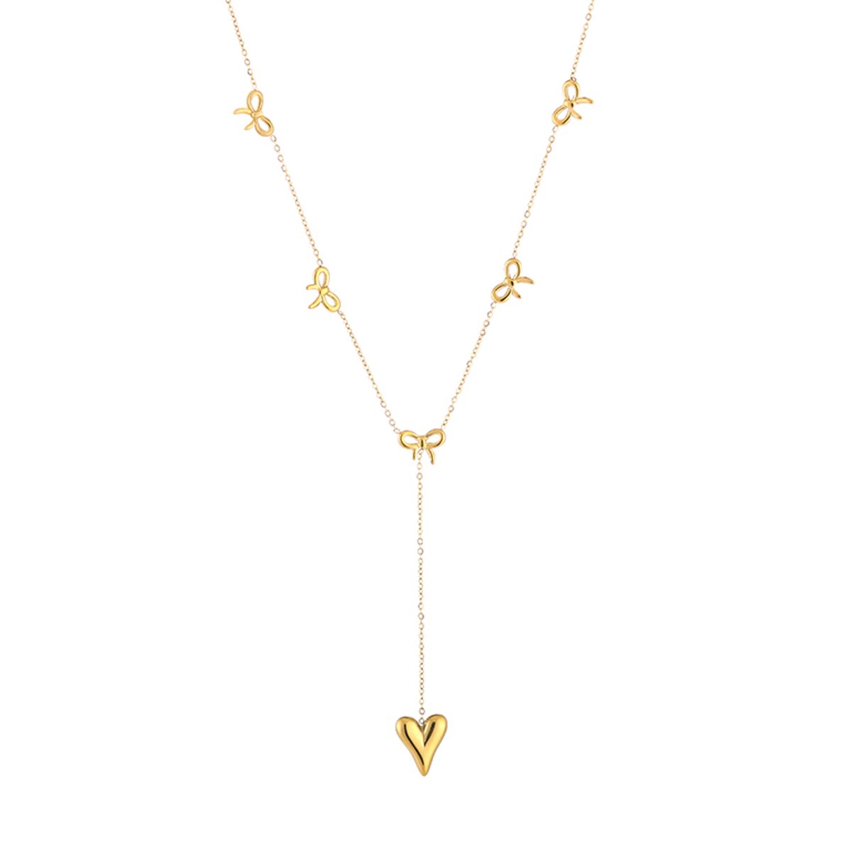 Speelse Dames Y-Ketting met Strikjes Accenten & Vallend Hartje - Coquette Stijl Sieraad - Goud