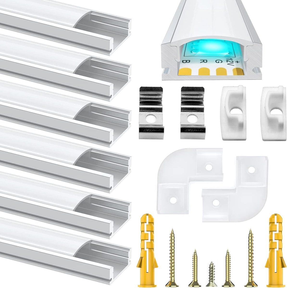 SnelShoppen - Chesbung LED Aluminium Profiel 6 Stuks 1m - LED Stripverlichting Aluminium Kanaal met Melkwitte Afdekking, Eindkappen & Bevestigingsclip