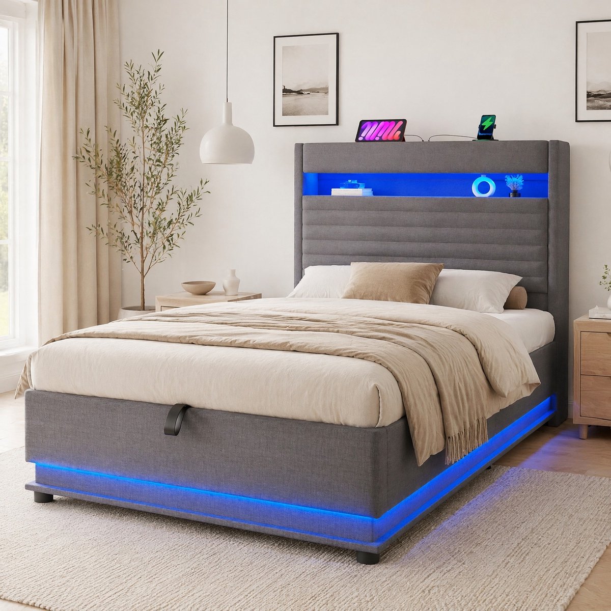 DESMIU Gestoffeerd Bed 90x200 cm – Eenpersoonsbed Met USB En Type C Oplaadfunctie – LED Verlichting – Hydraulische Opbergruimte – Zonder Matras – Stof – Grijs