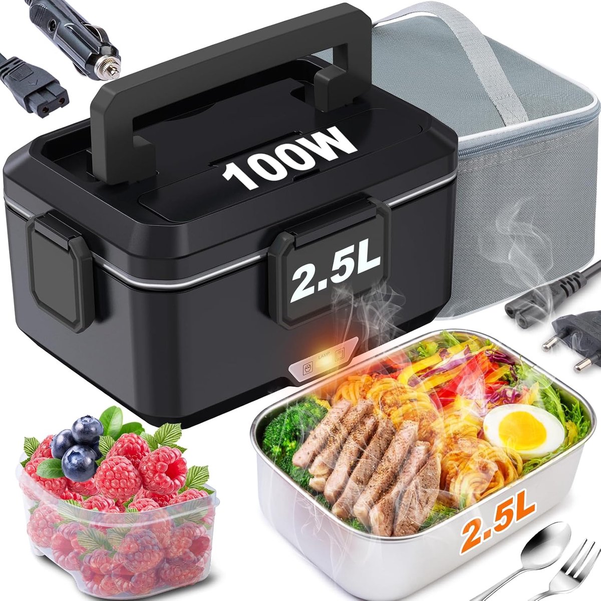 SnelShoppen - Elektrische Lunchbox Draagbaar 2,5L Roestvrij Staal - 80W 12V/24V/230V voor Auto, Vrachtwagen, Kantoor, Ideaal voor Camping en Reizen -
