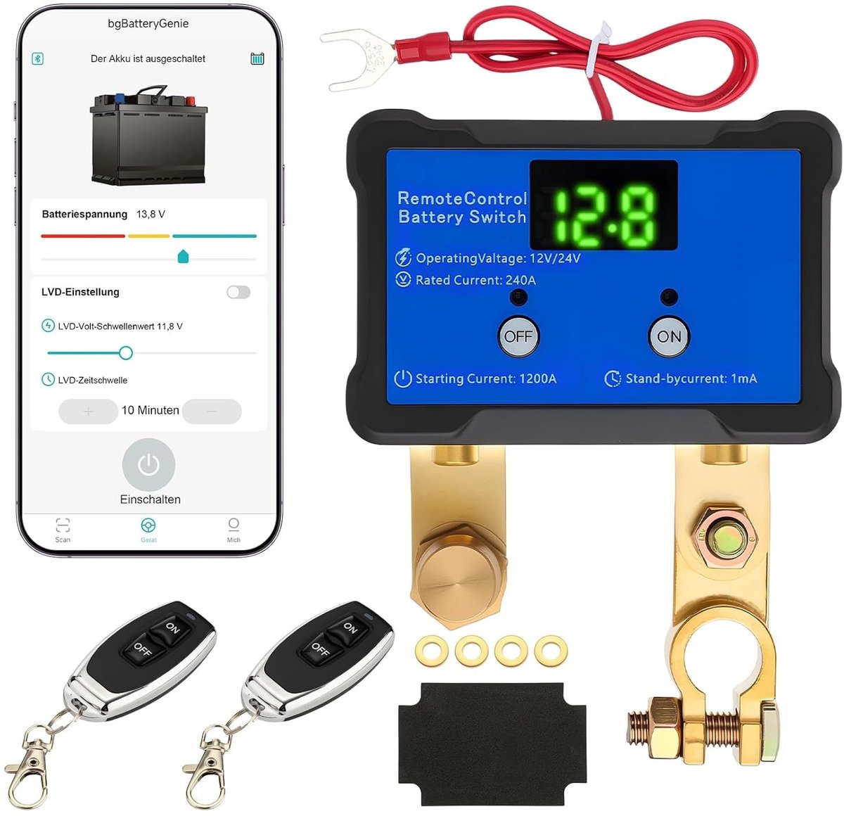 Draadloze afstandsbediening voor scheidingsschakelaar 12V - App-besturing, anti-diefstal, auto uitschakeling voor auto, RV, ATV, vrachtwagen en boot