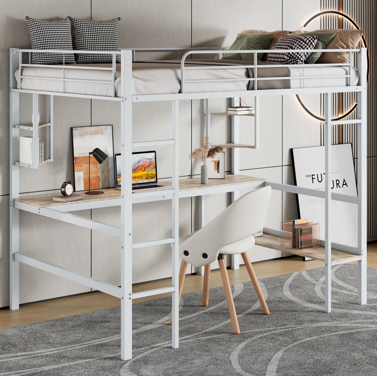 COVREO Hoogslaper 90x200 cm wit met bureau en opbergruimte, zonder matras