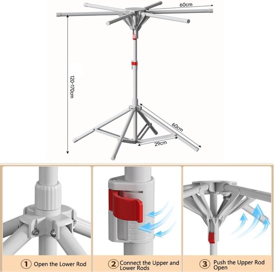 Opvouwbaar wasrek - Kledingdroger rek - Kleding drogen - 6 uittrekbare stangen - 60 x 60 cm - Zilvergrijs — afbeelding 4