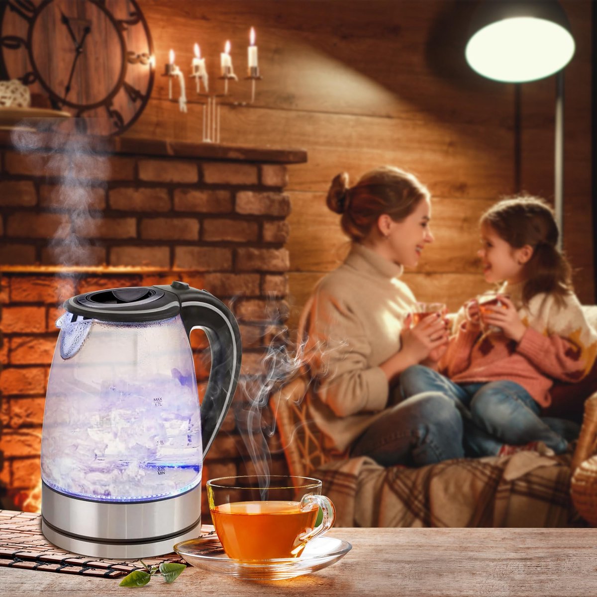 SnelShoppen - Elektrische Waterkoker 1,7L met Blauw LED-Display, 2200W, Automatische Uitschakeling, 360° Draaibaar - Ideaal voor Keuken, Camping en Fe