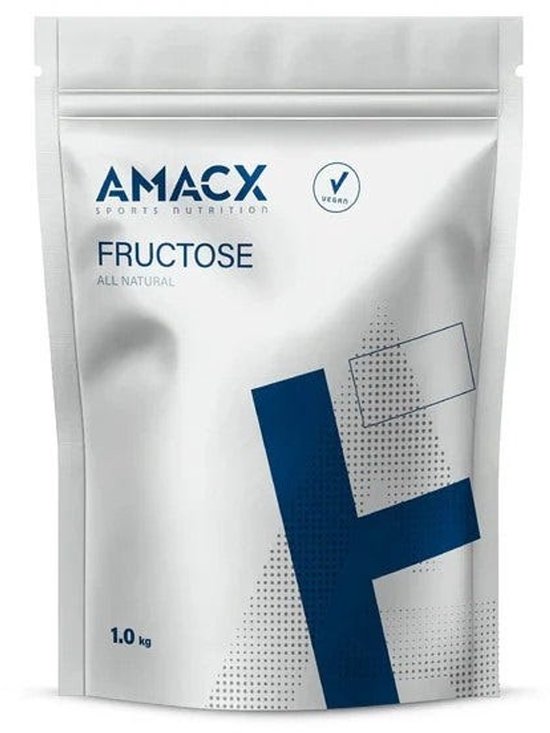 Witte zak met "AMACX FRUCTOSE ALL NATURAL" en een grote blauwe 'F'. 1.0kg.
