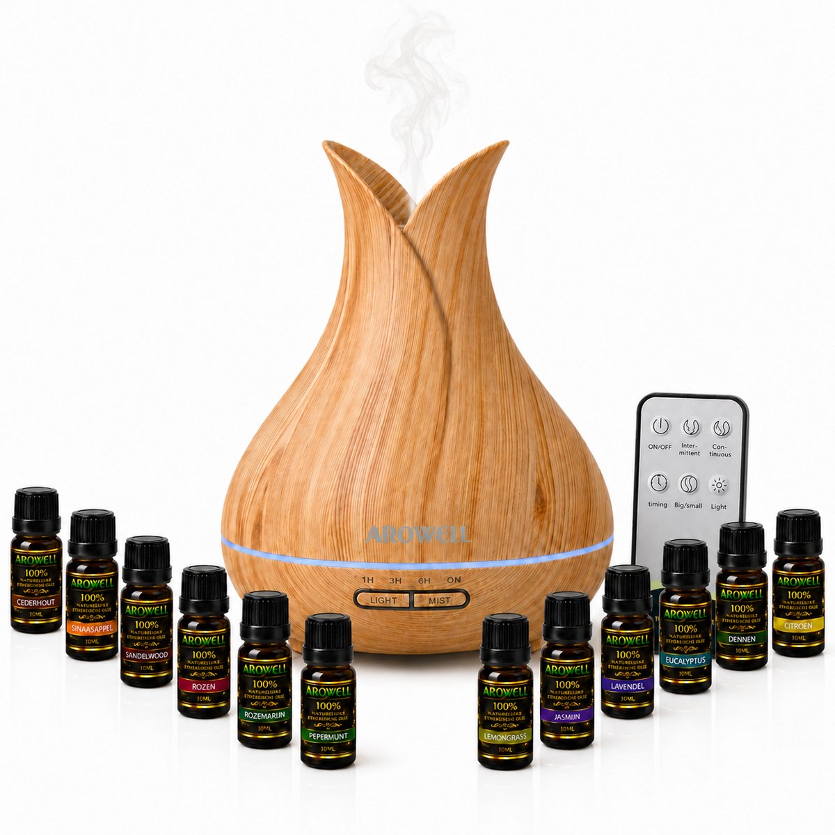 Arowell - Tulip Aroma Diffuser 500 ml + Luxe Etherische Olie Set 12 x 10 ml – Ultrasoon – Fluisterstil – Afstandsbediening – 7 LED-kleuren – Timer – Automatische Uitschakeling